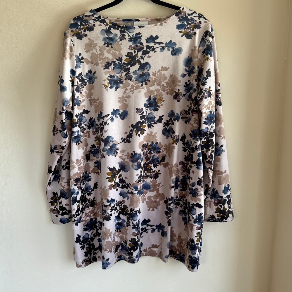 J.Jill Purejill Floral Top Cream Blue Tunic Velour Long Sleeve Pullover Sz XL
